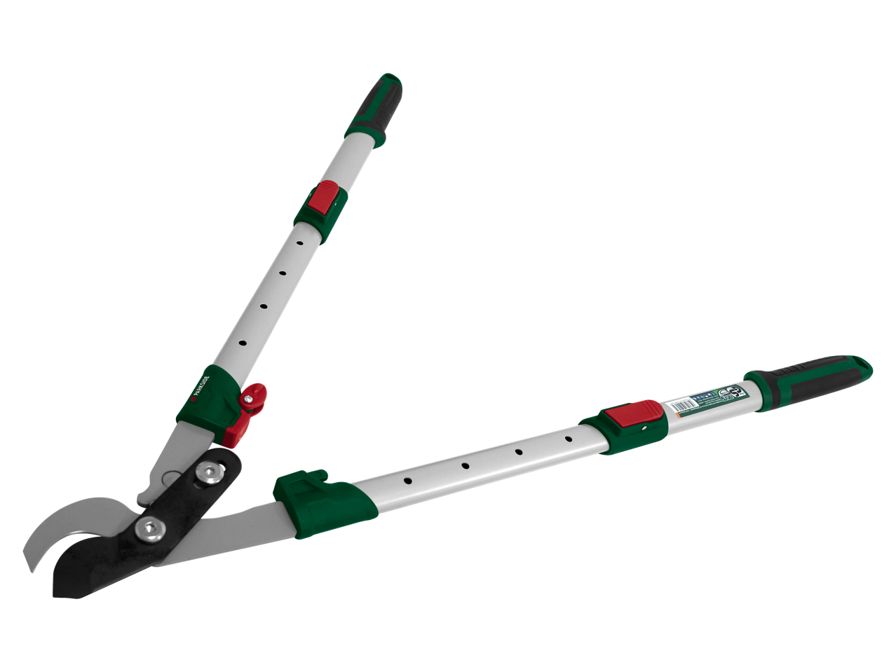 Zaru šķēres ar teleskopiskiem rokturiem uz melna fona.