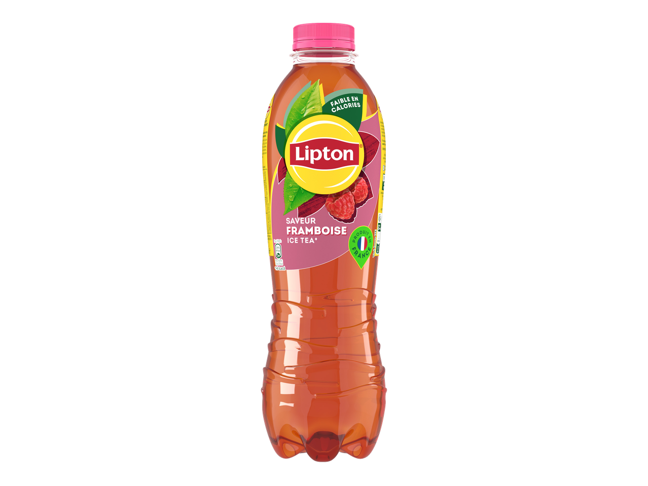 Bouteille de thé glacé à la framboise, faible en calories, produit en France.