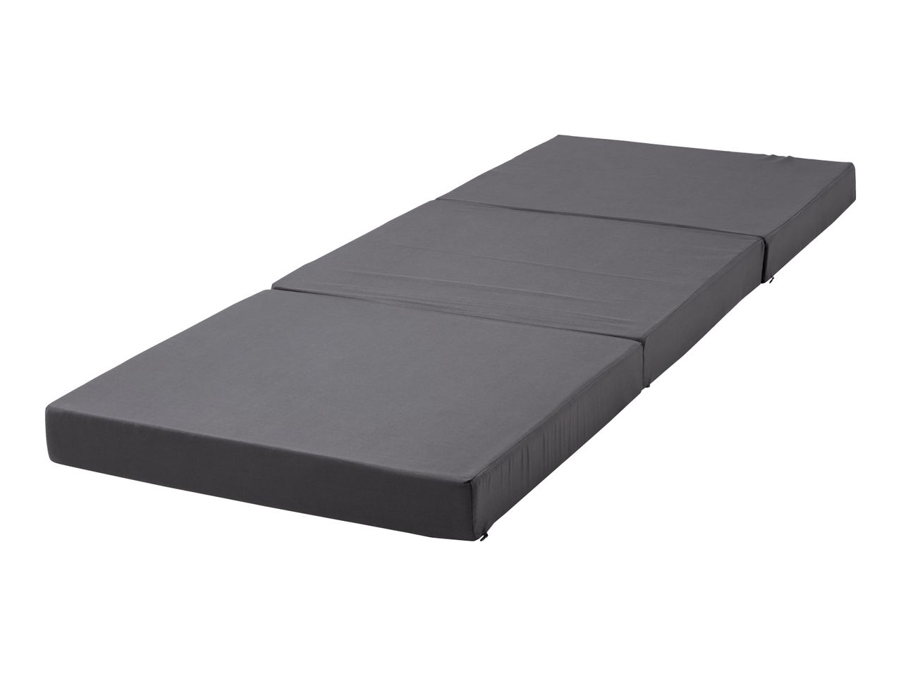Dark grey foldable mattress, unfolded and lying flat