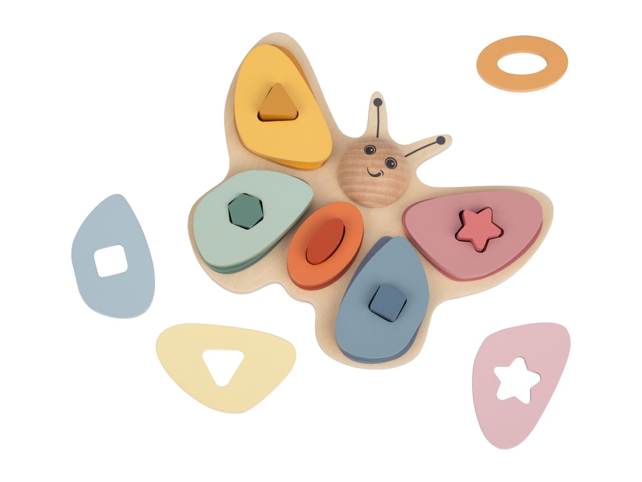 Wooden butterfly shape sorter with colorful geometric shapes.