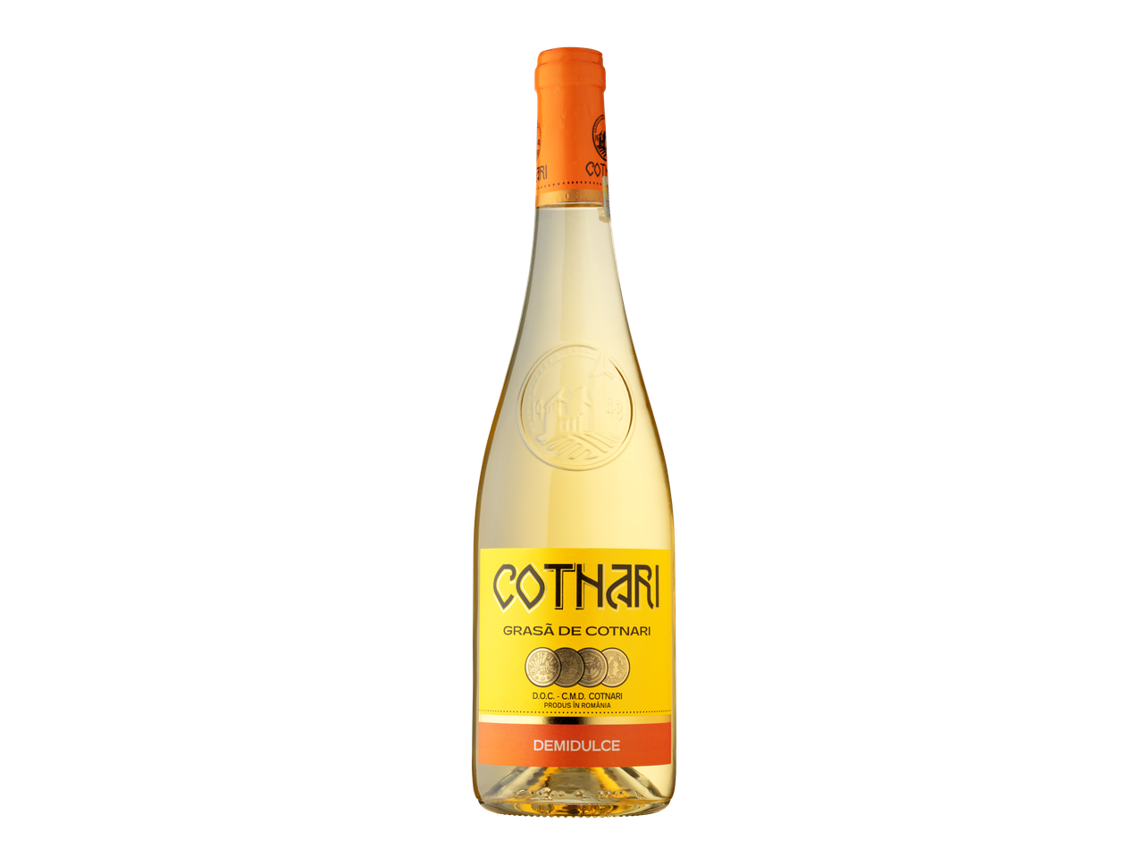 O sticlă de vin alb Cotnari Grasă de Cotnari Demidulce.