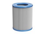 A cylindrical pleated filter cartridge with blue plastic caps on both ends.