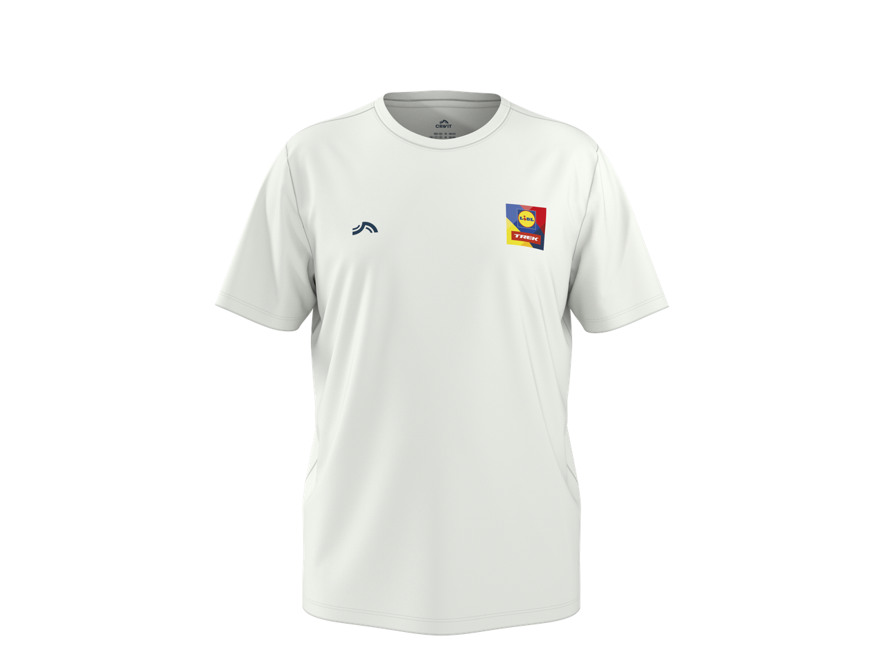 Tricou funcțional CRIVIT pentru bărbați, alb, cu logo-uri Lidl și Trek.