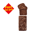 Mørkt rugbrød med kerner og havregryn, med et rødt skilt der siger 'Fast lav pris'.