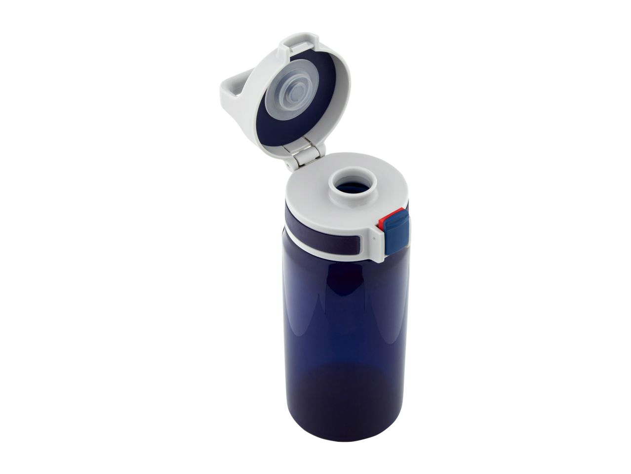 Blue plastic water bottle with open lid.