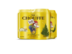 Vier blikken La Chouffe Blonde bier met 8% alcohol, met een kabouter op een eenwieler.