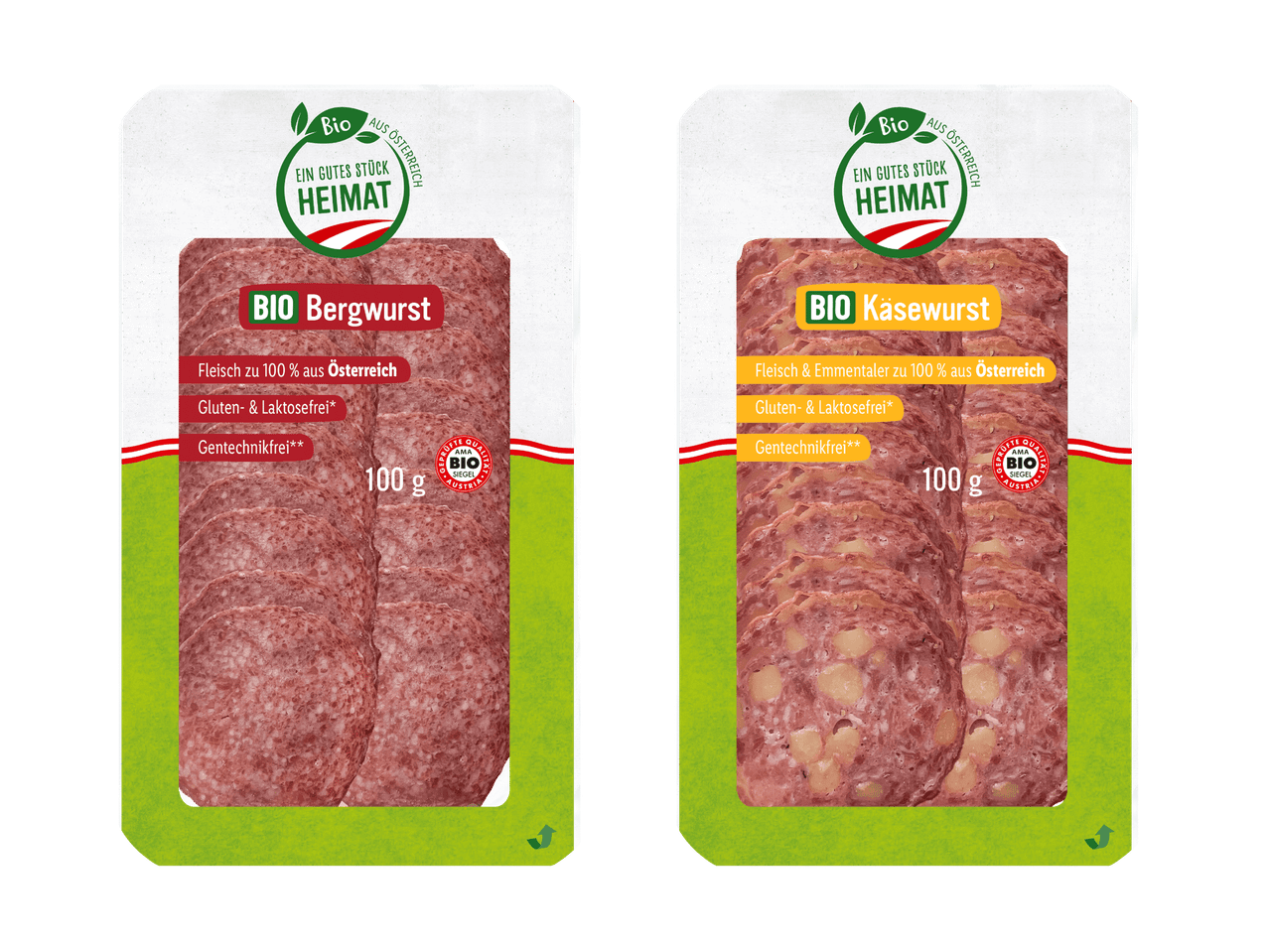 Zwei Bio-Wurst-Sorten (Berg- und Käsewurst) aus Österreich in 100g-Packungen.