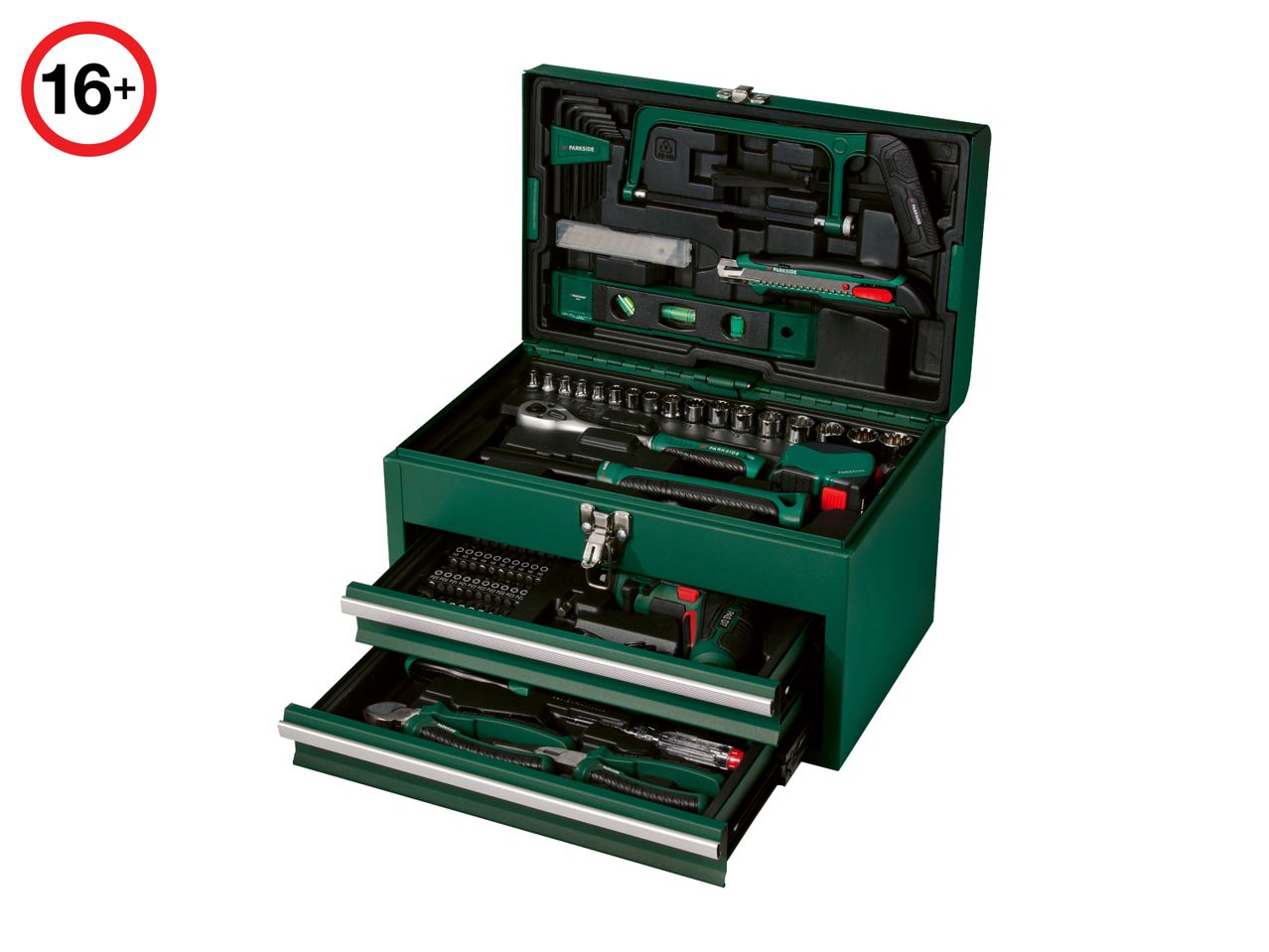 Green toolbox with multiple drawers, containing various hand tools, power tools, and accessories.