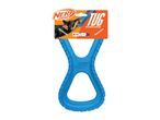 Nerf Dog Tug is a blue rubber dog toy with a handle.