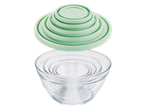 Комплект от стъклени купи за смесване със зелени капаци.