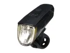 Black bicycle headlight with a clear lens and a visible power button on top.