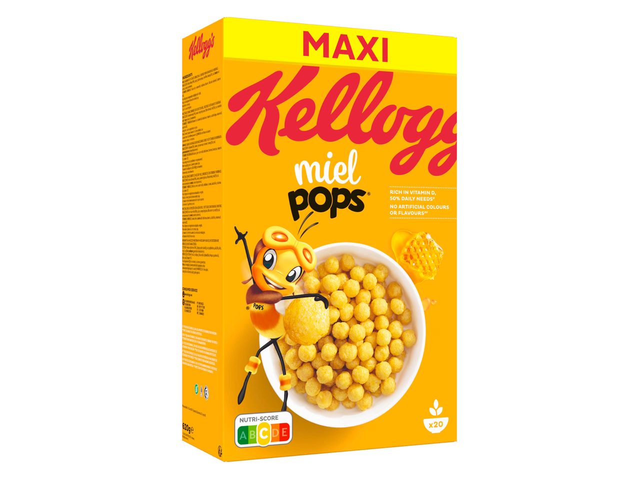 Boîte de céréales Kellogg's Miel Pops avec la mascotte abeille et un bol de céréales.