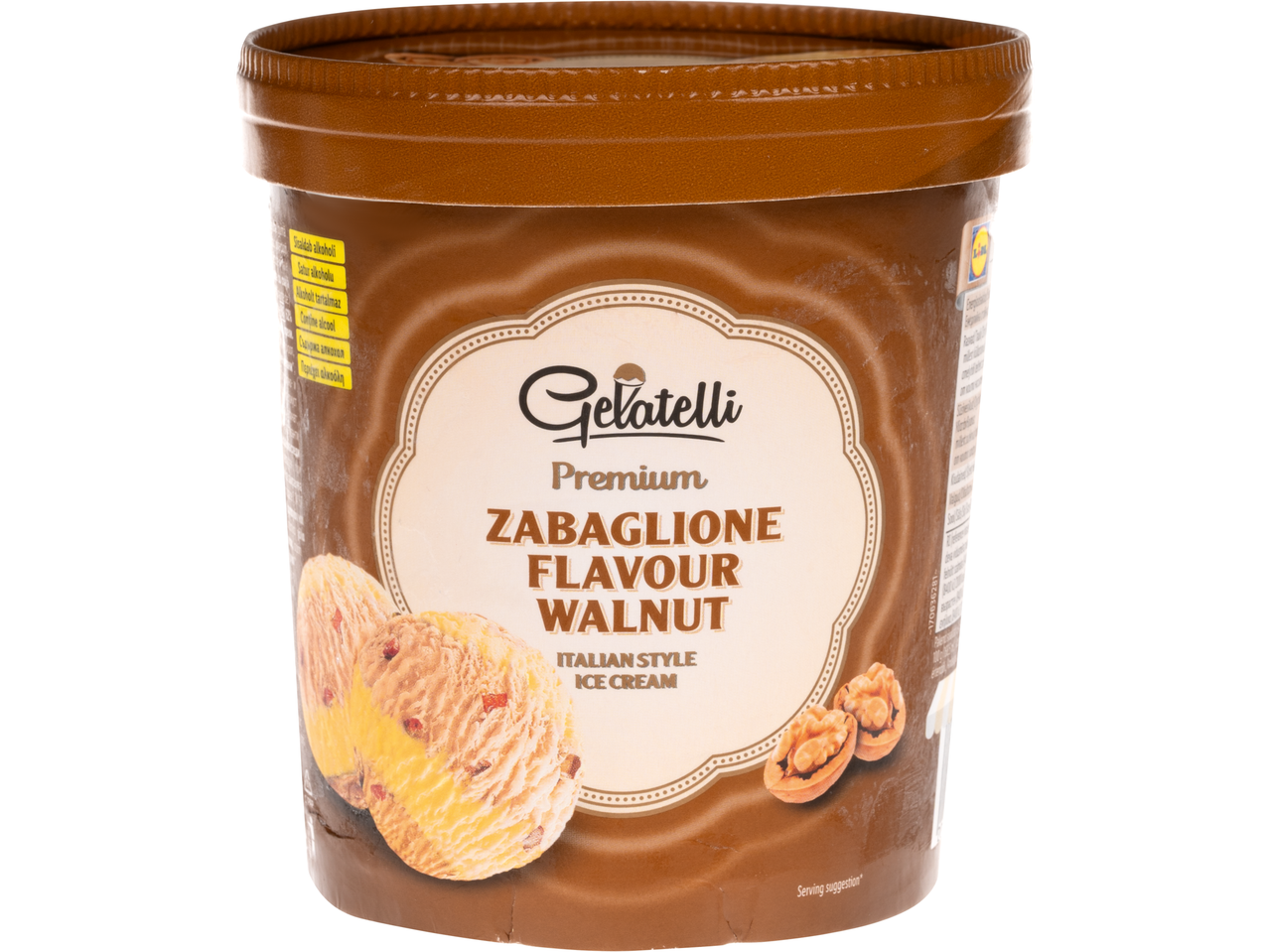 Inghețată Gelatelli Premium: aromă Zabaione cu nuci.