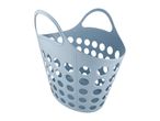 Light blue plastic laundry basket with handles and perforated design