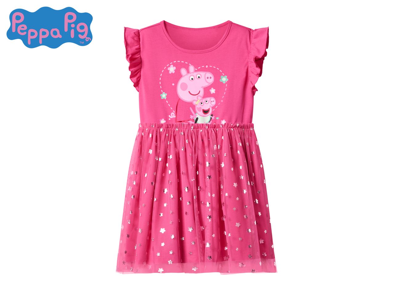 Pink dress with ruffled sleeves and a Peppa Pig graphic, featuring a sparkly tulle skirt.