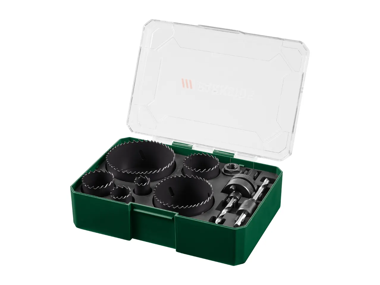 Hole saw set with various sizes of saw blades and drill bits in a green and clear case.