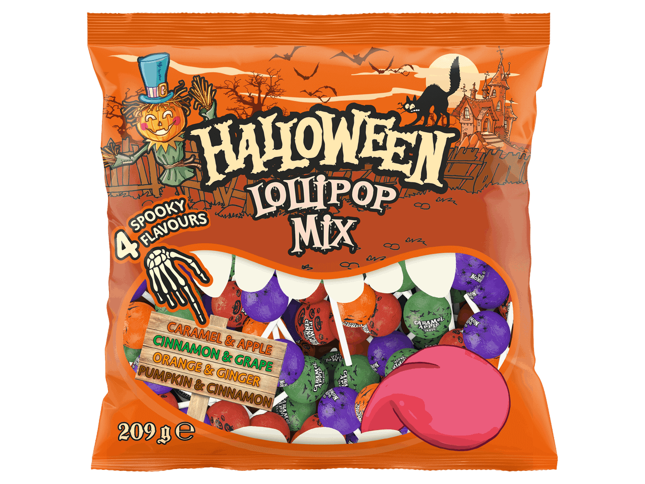 Halloween nyalóka válogatás 209 g-os kiszerelésben, négyféle ízesítéssel.