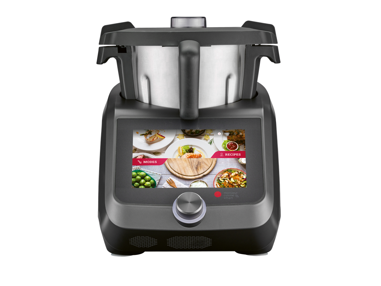 Κουζινομηχανή Monsieur Cuisine Smart με οθόνη αφής που εμφανίζει συνταγές και λειτουργίες.