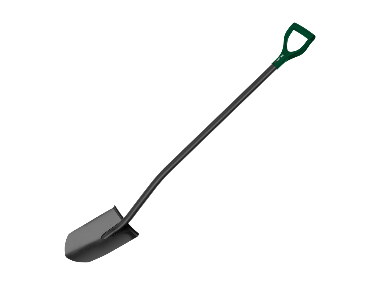 Tuinspade met een groen D-handvat en een zwart blad.