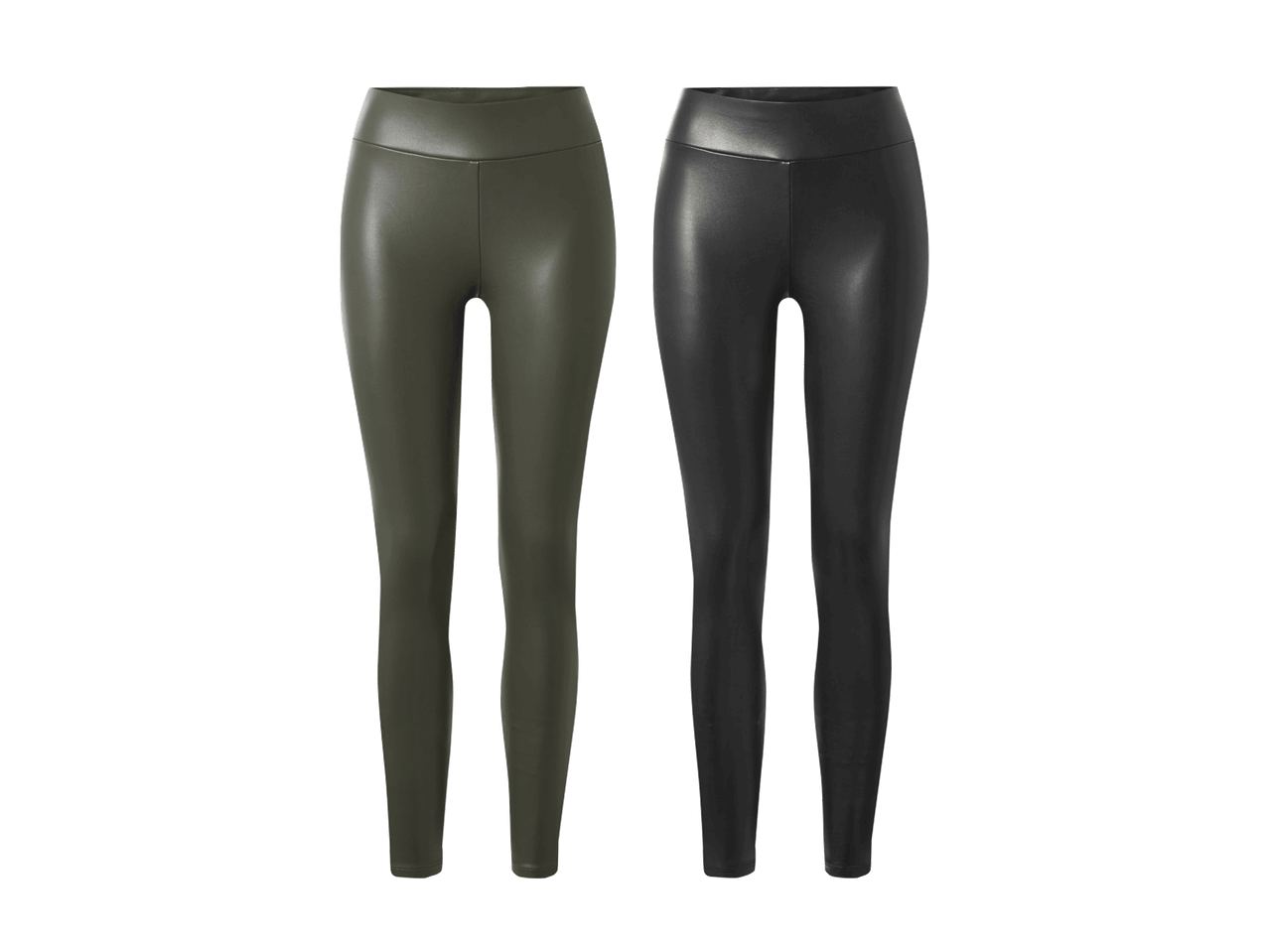 Dvi moteriškos odinės tamprės: vienos žalios, kitos juodos spalvos.