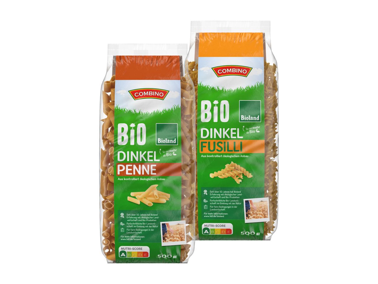 Zwei Packungen Combino Bio Dinkel Nudeln (Penne und Fusilli) aus kontrolliert ökologischem Anbau.
