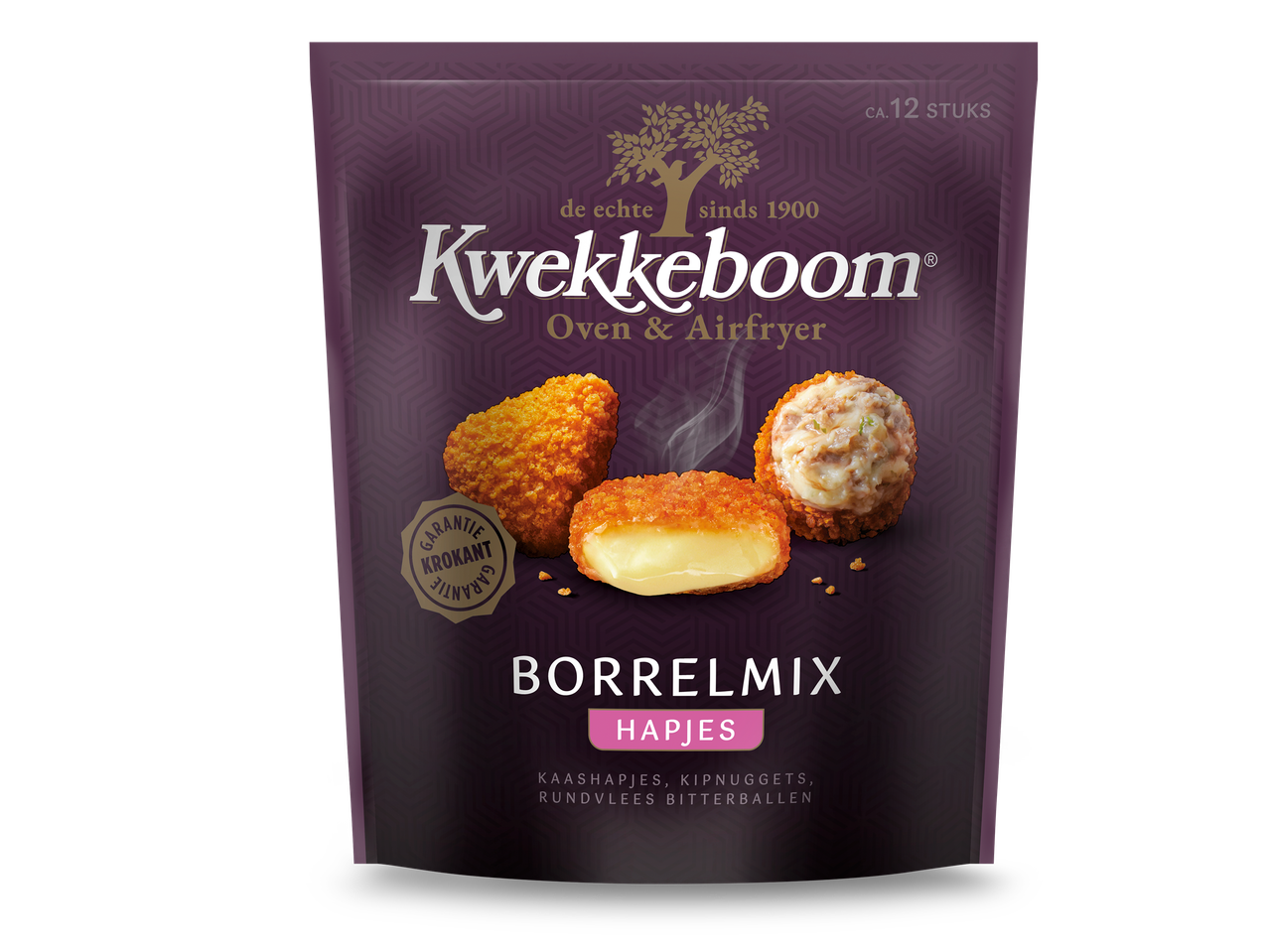 Paarse verpakking met borrelmix hapjes: kaashapjes, kipnuggets en rundvlees bitterballen.