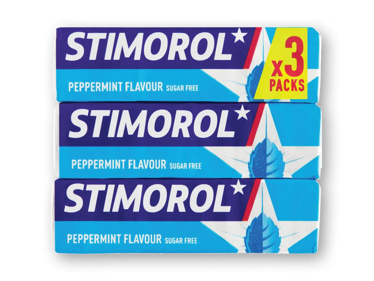Tre pakker Stimorol pebermynte tyggegummi.