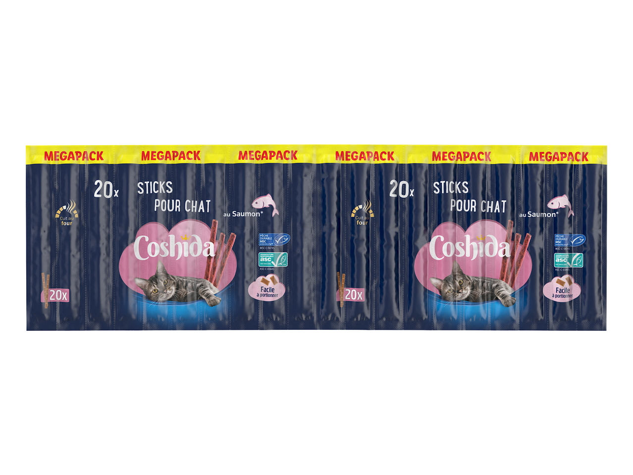 Deux paquets de 20 bâtonnets pour chat au saumon, cuits au four et faciles à portionner.