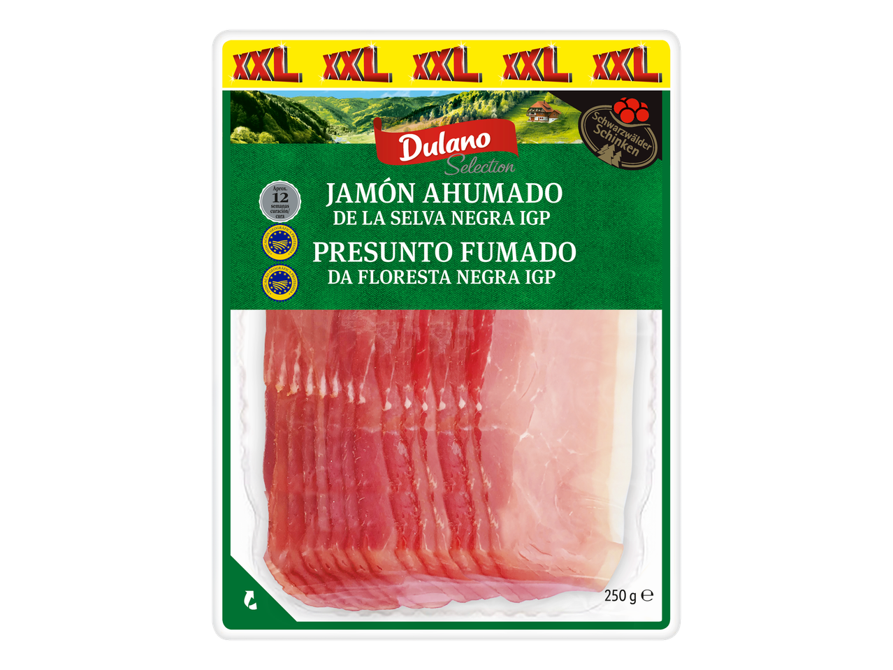 Embalagem de presunto defumado Dulano Selection XXL, 250g.