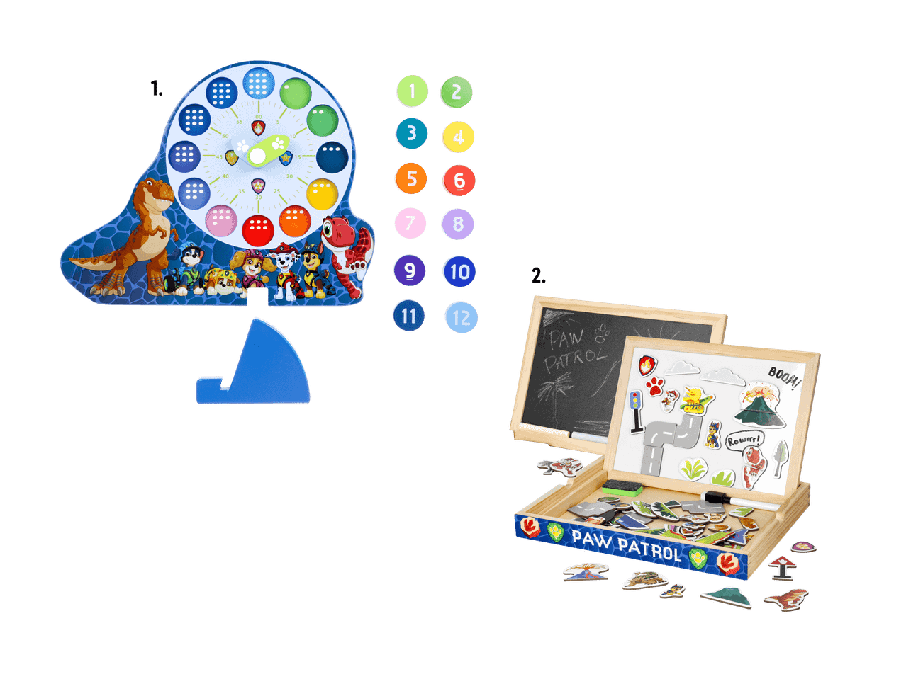 Deux jouets éducatifs pour enfants : une horloge d'apprentissage et un tableau magnétique avec des pièces.