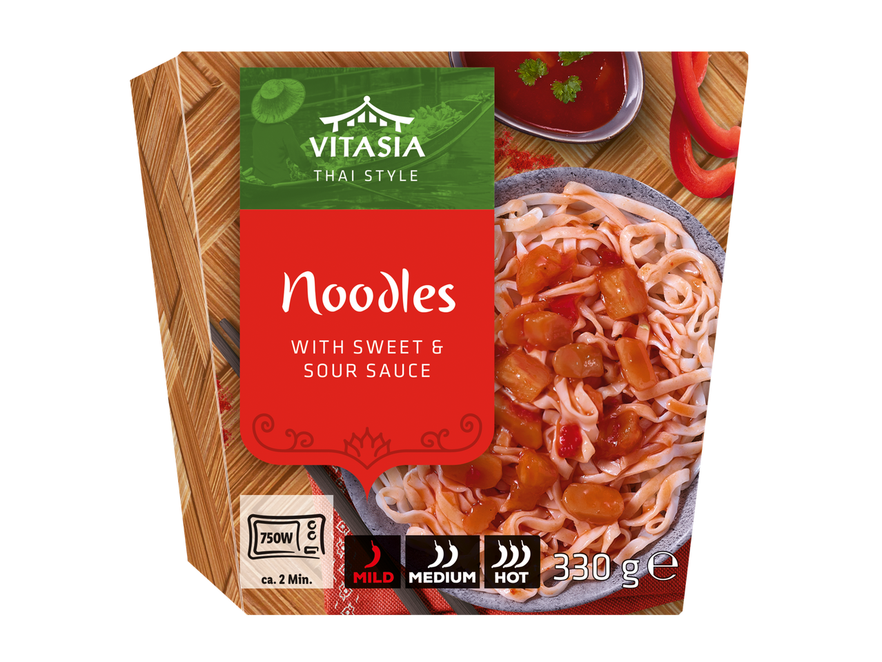 Vitasia Thai Style makaronai su saldžiarūgščiu padažu, 330g, paruošiami mikrobangų krosnelėje per 2 min.