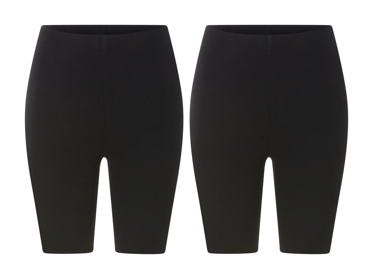 To par sorte, ribstrikkede cykelshorts til kvinder, set forfra.