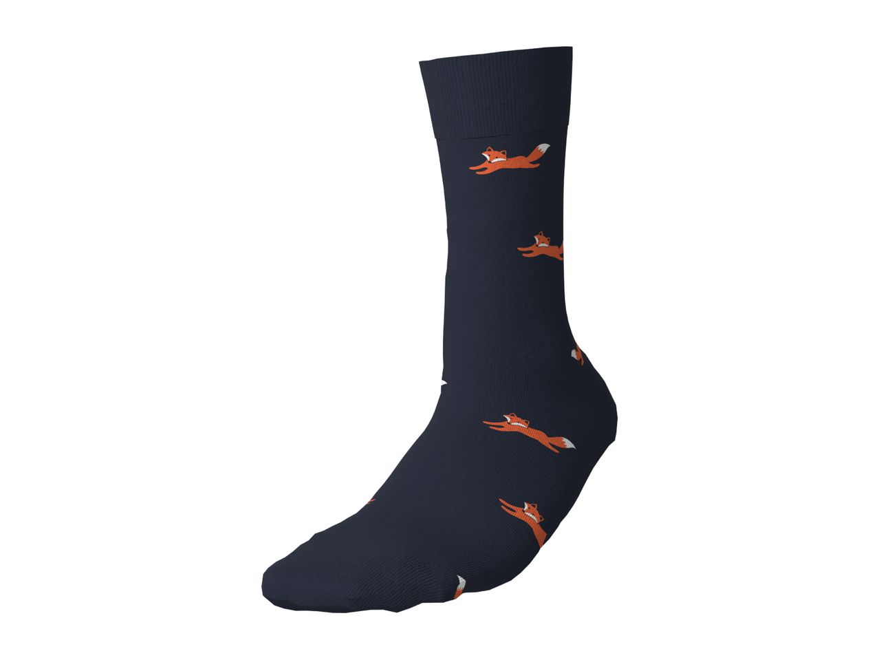 Dark blue sock with a pattern of running orange foxes