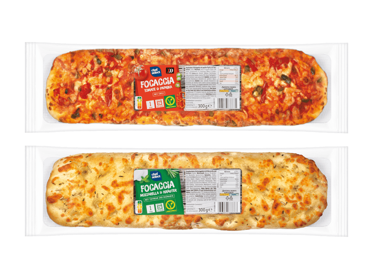 Zwei Packungen Fertigpizza von ICA, eine mit Tomatensoße und eine mit Käse.