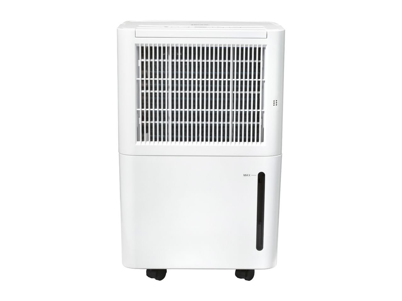 White dehumidifier with a visible water tank and wheels
