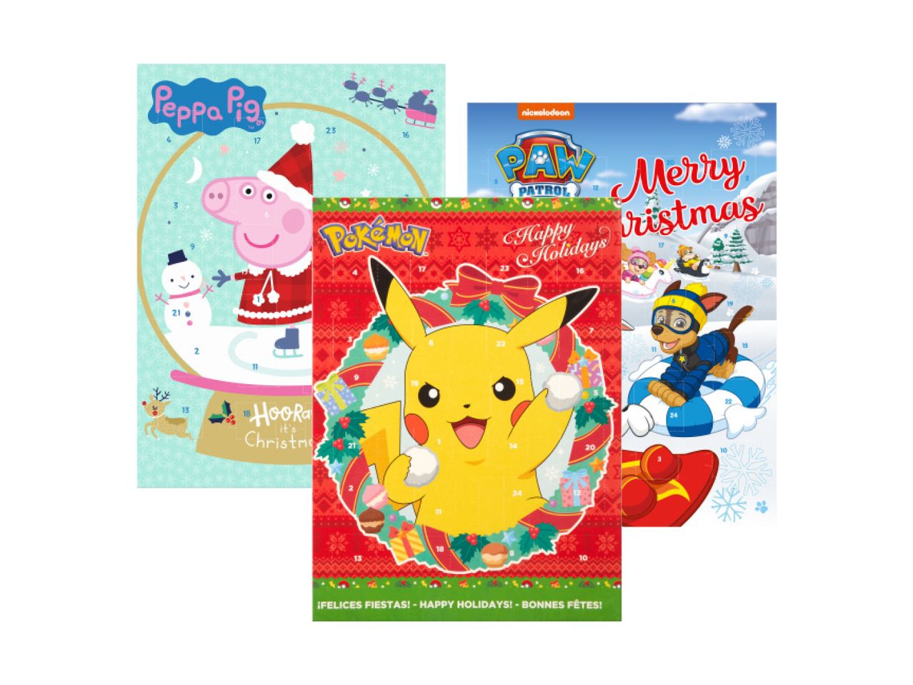 Kolm advendikalendrit Peppa Pig, Pokémoni ja Paw Patroli tegelastega.