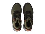 A pair of Crivit olive green hiking boots with black laces and orange accents.