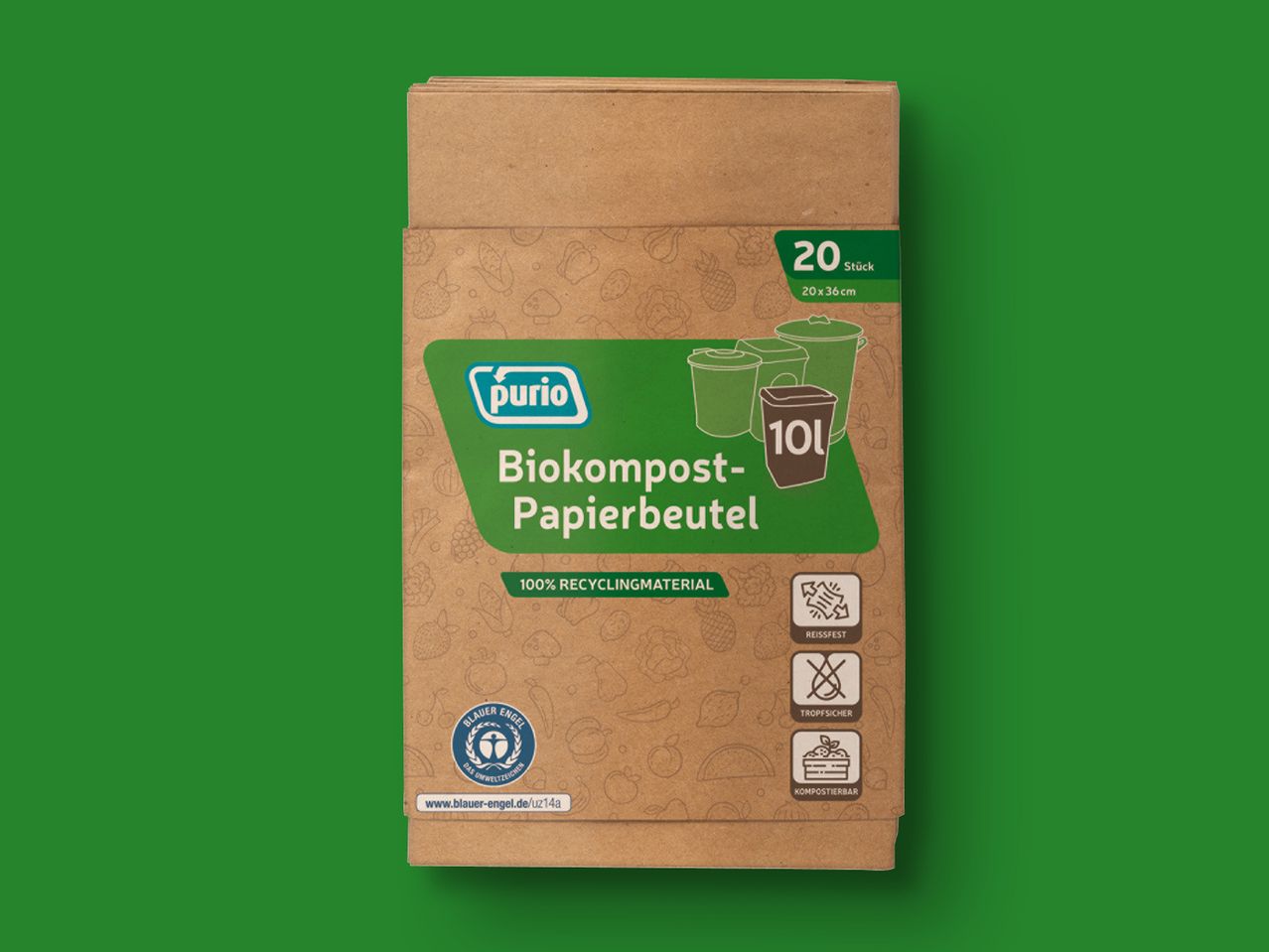 Purio Biokompost-Papierbeutel, 20 Stück, 100% Recyclingmaterial.