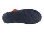 Bottom view of a dark blue water shoe with an orange strap, featuring a textured sole.
