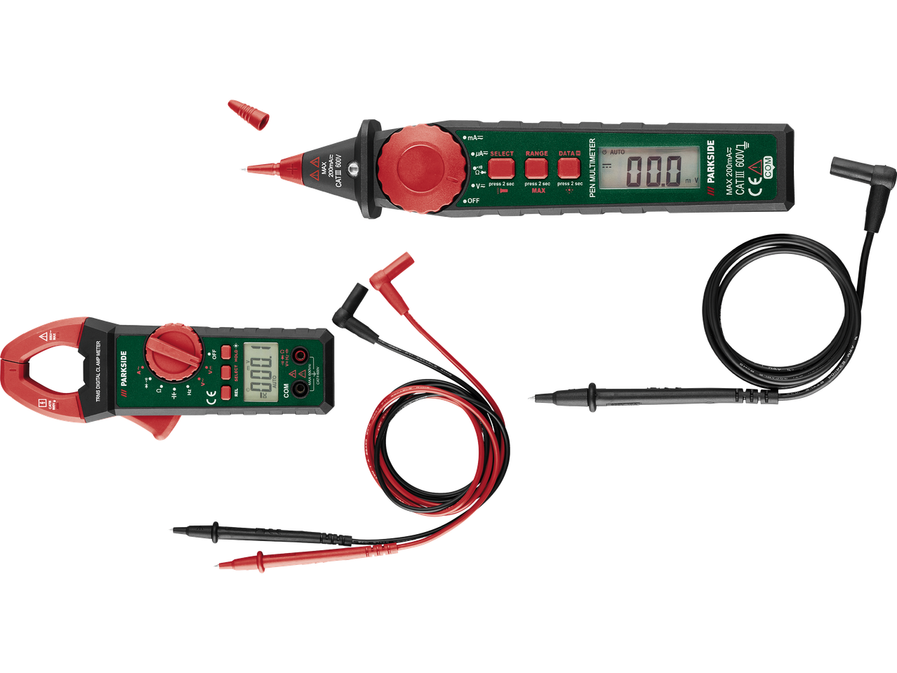 En digital klämmätare och en pennmultimeter med testkablar.