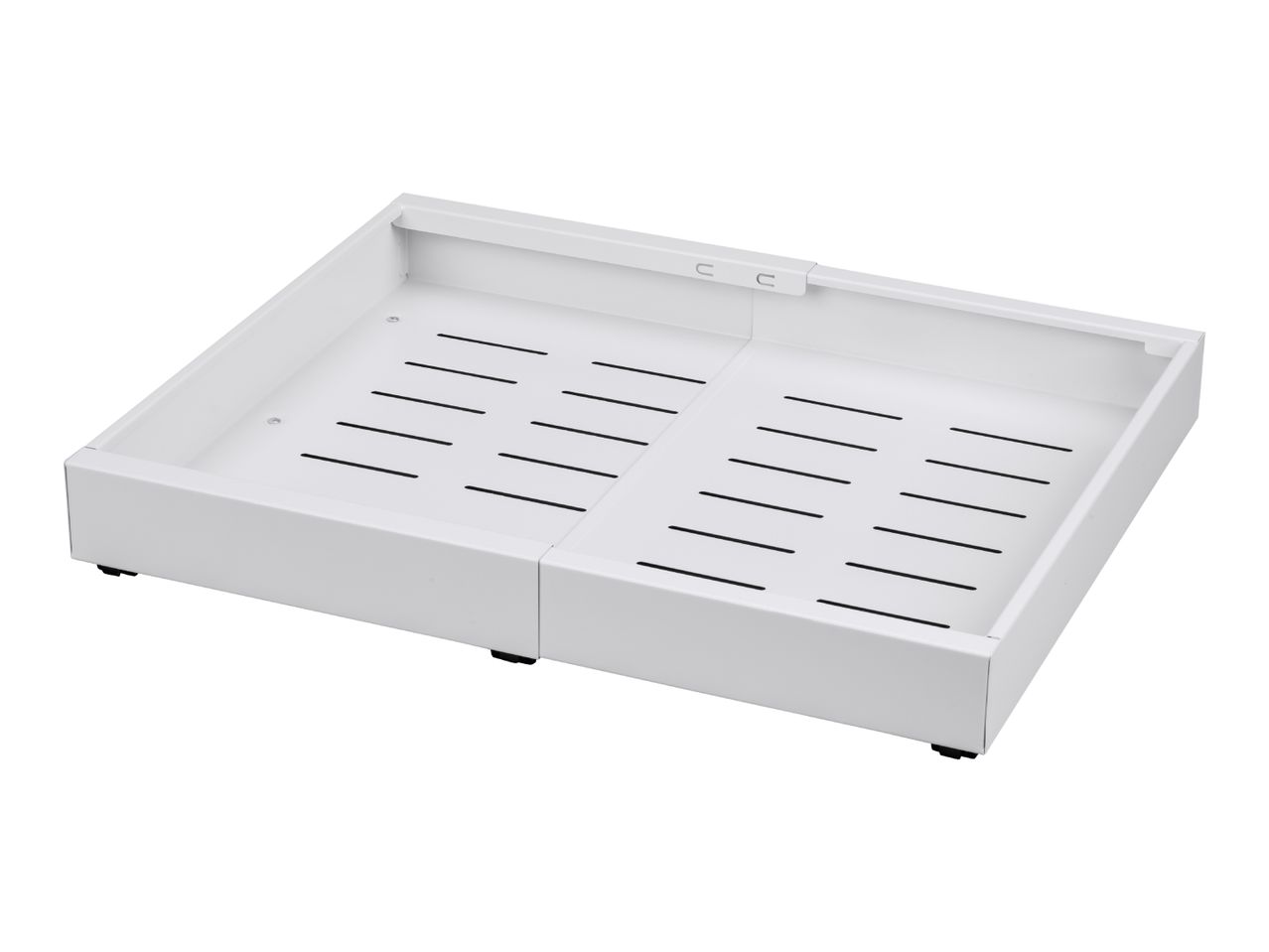 White metal under-desk cable management tray with ventilation slots