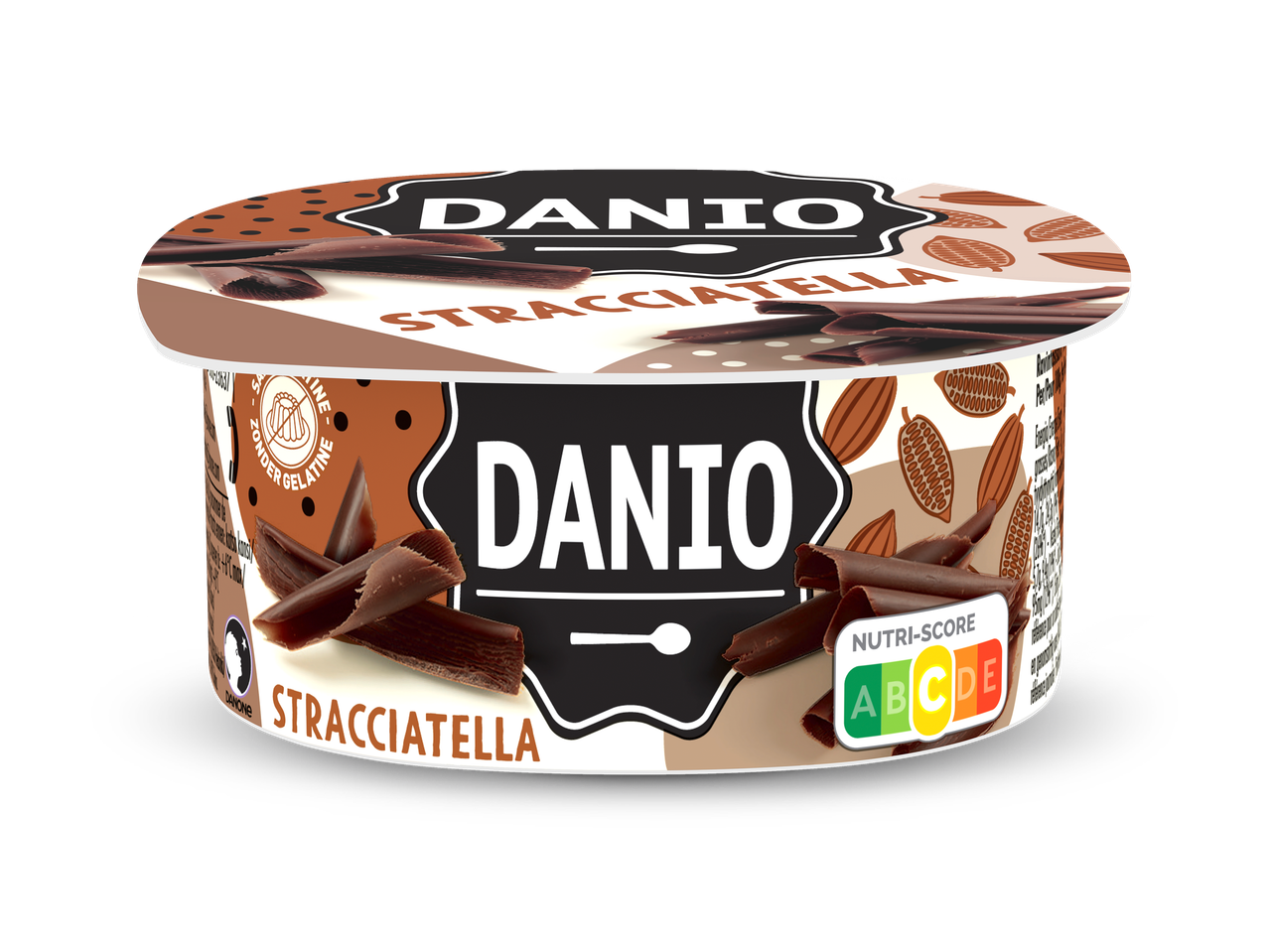 Danio Stracciatella yoghurt met chocoladeschilfers en Nutri-Score A-E.