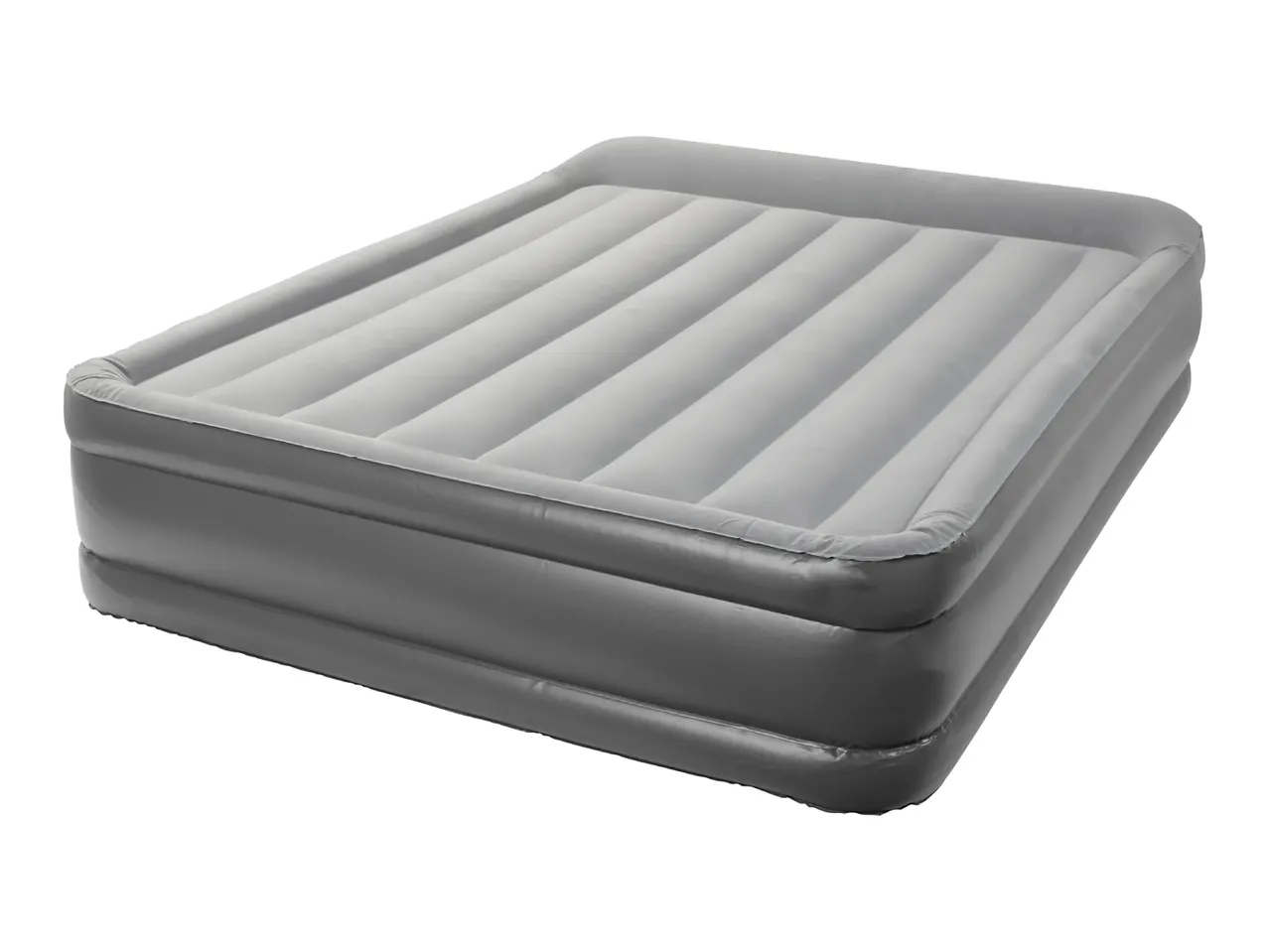 A gray inflatable air mattress with horizontal ridges on the top surface.