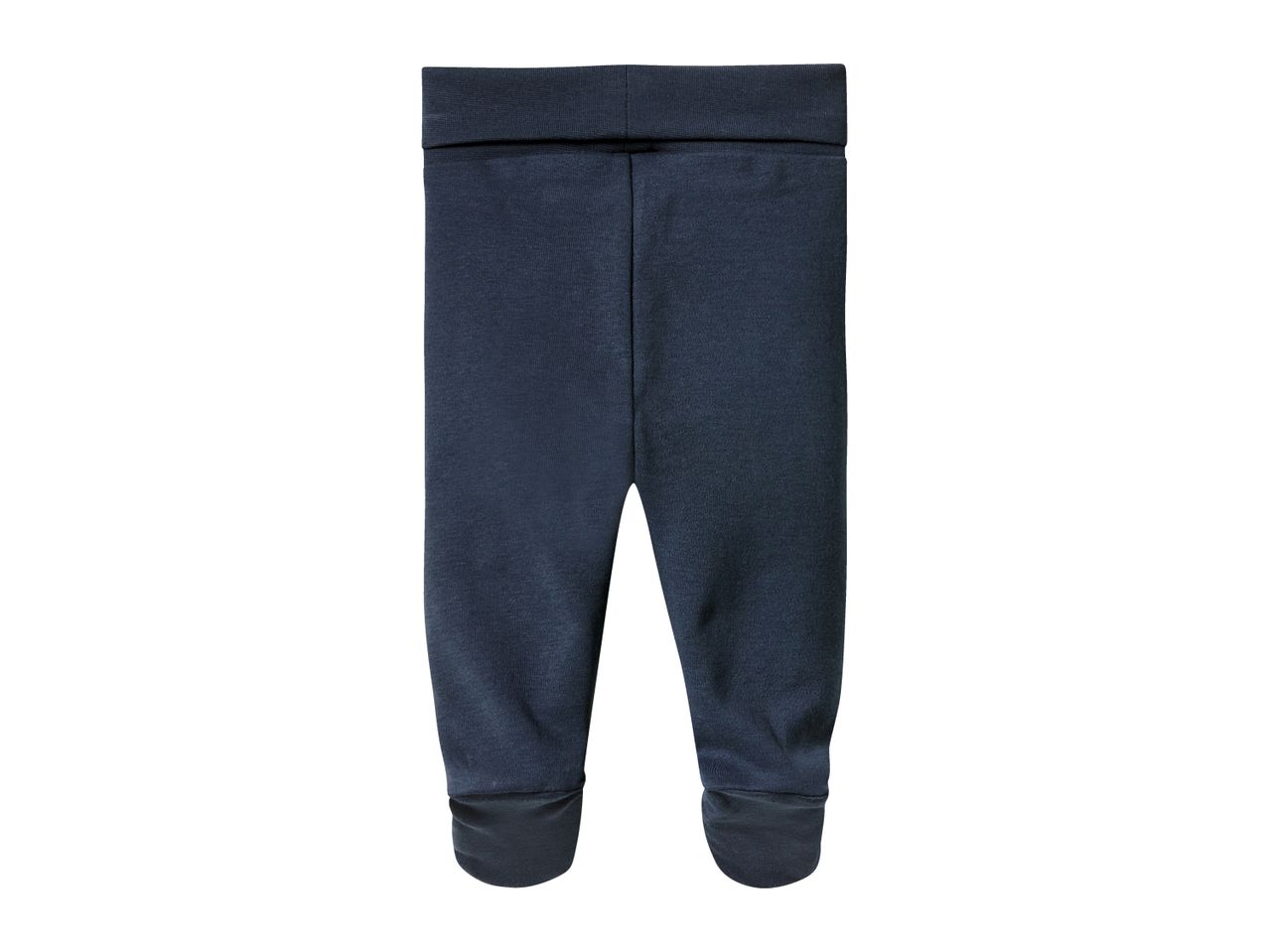 Dark blue baby footed pants with a wide waistband.