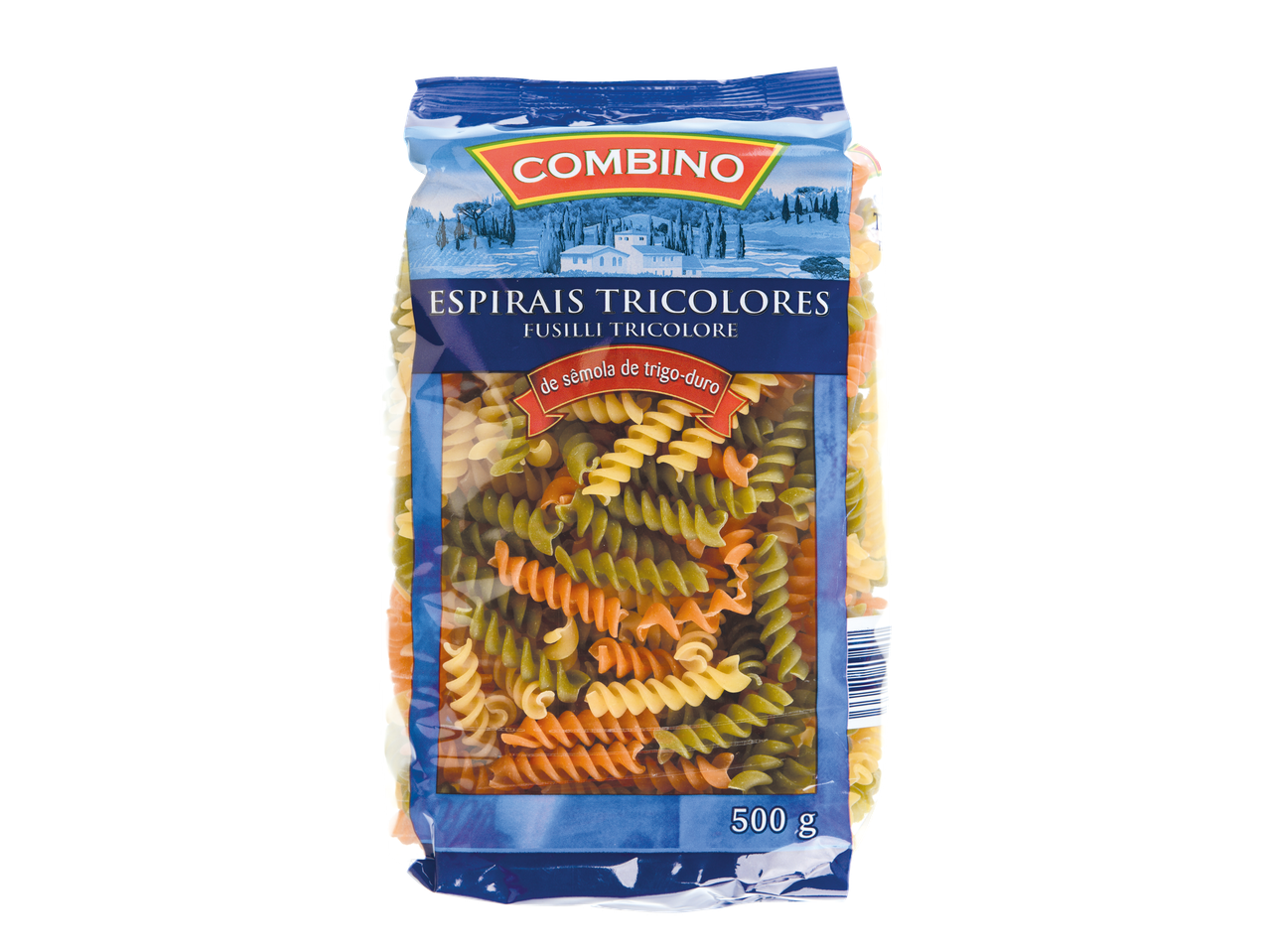 Pacote de 500g de Espirais Tricolores Combino, fusilli tricolor de sêmola de trigo duro.