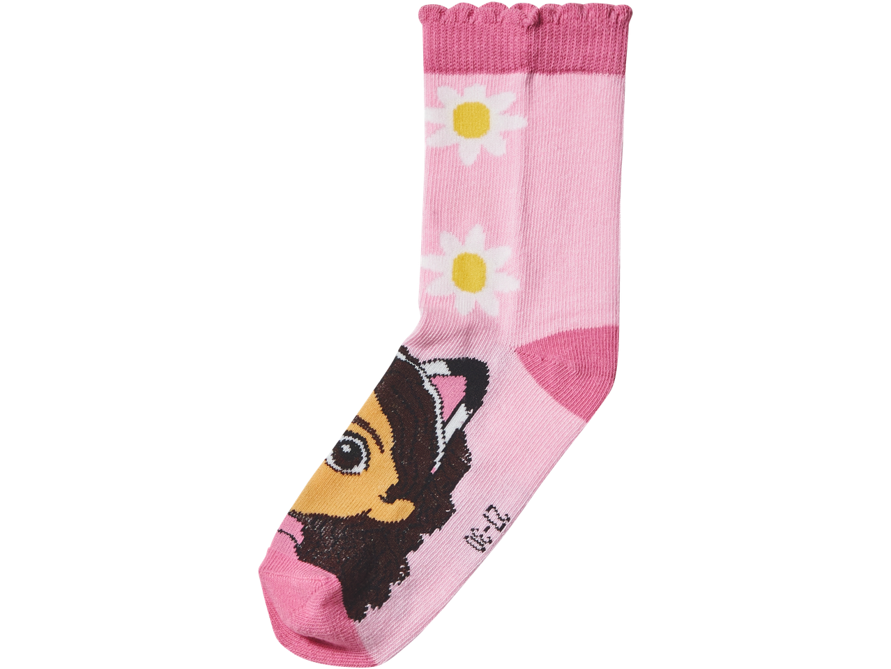 Rožinės vaikiškos kojinės su Gabby's Dollhouse motyvu ir gėlėmis.