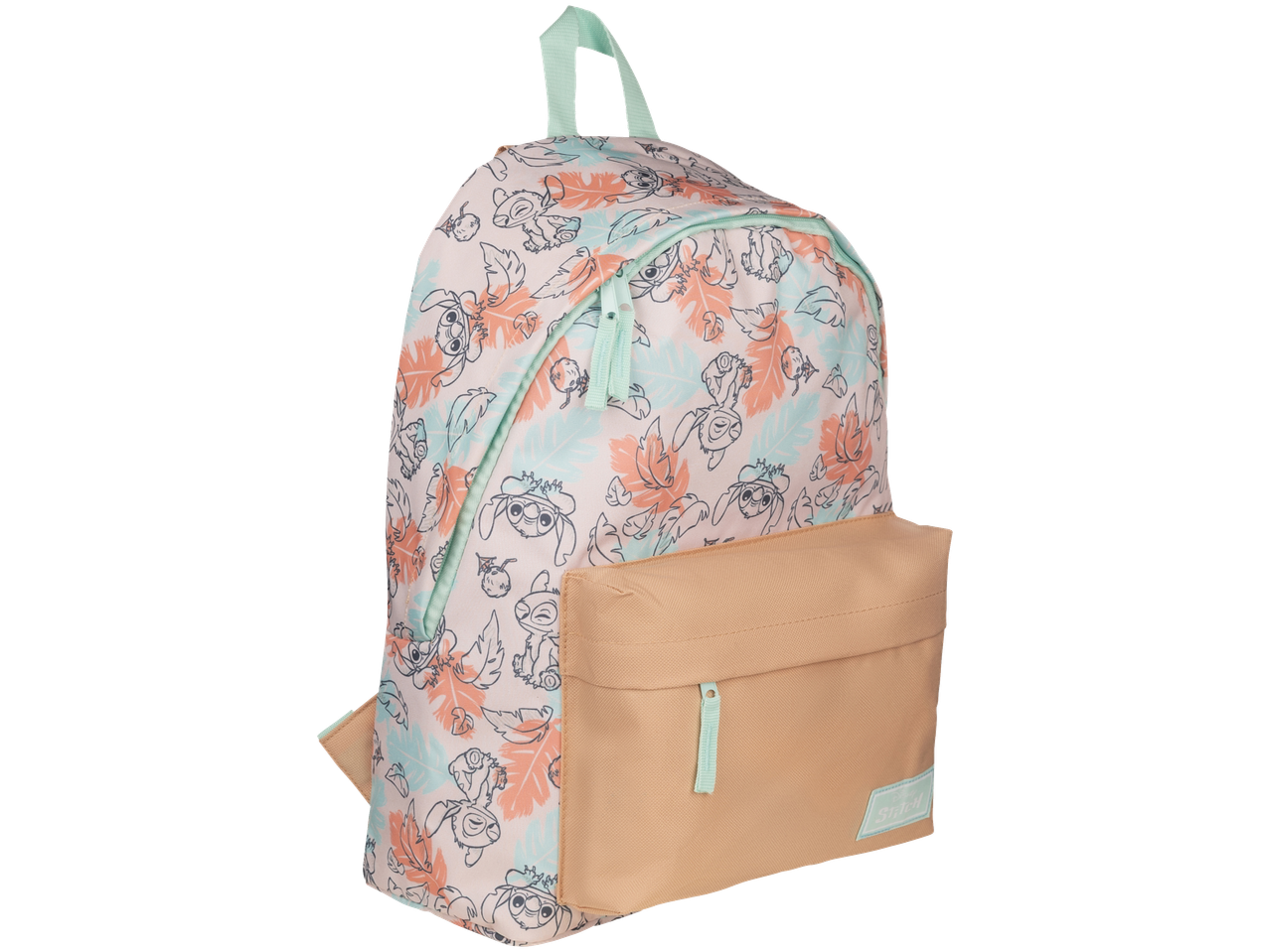 Backpack with a tropical leaf and cartoon character pattern, featuring a front pocket and a top handle.