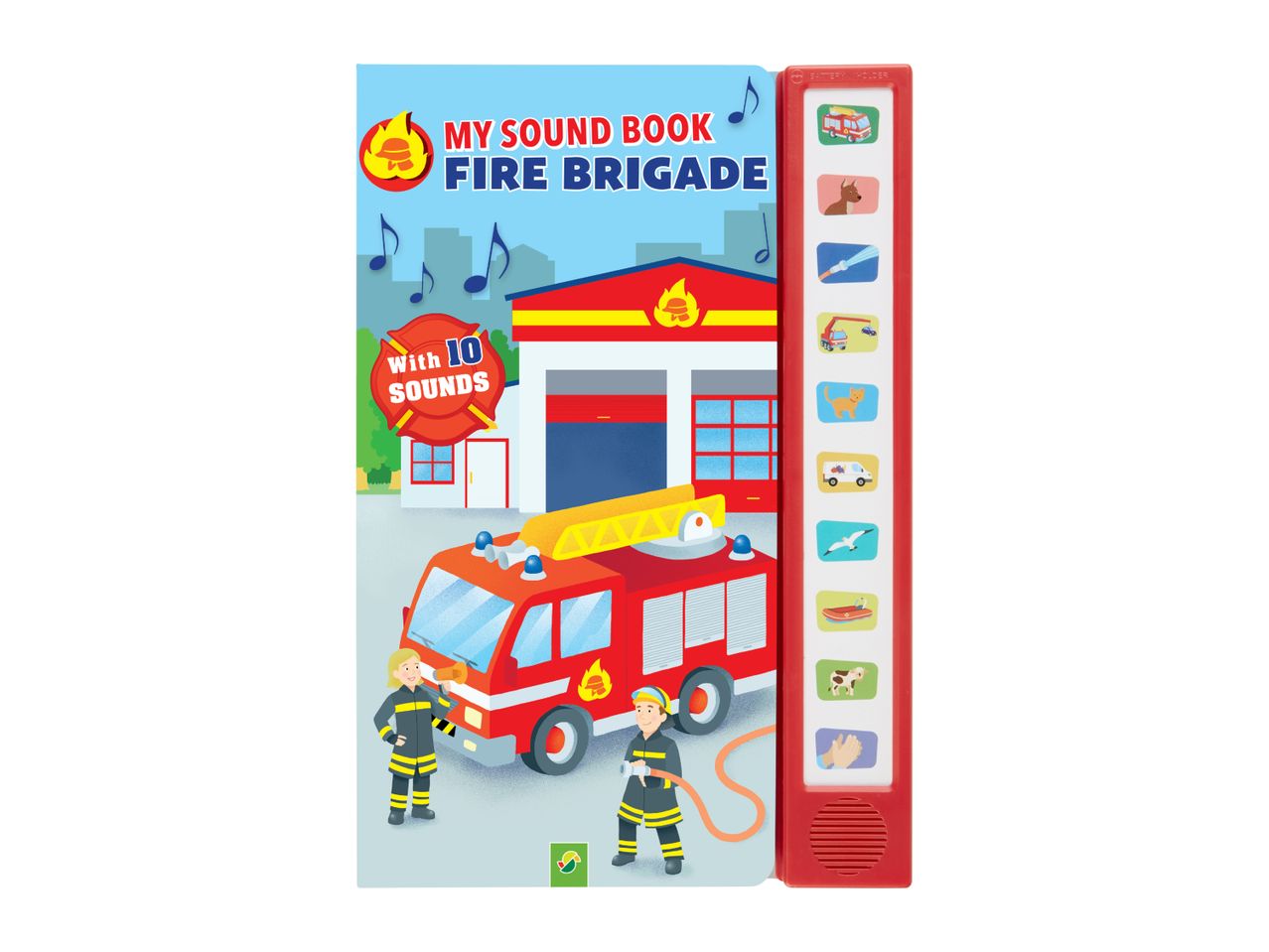 Children's sound book, 'My Sound Book Fire Brigade' with 10 sounds, featuring a fire truck and firefighters.