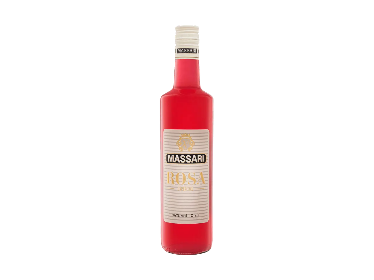 Massari Rosa Aperitivo, eine Flasche mit rotem Getränk und weißem Etikett
