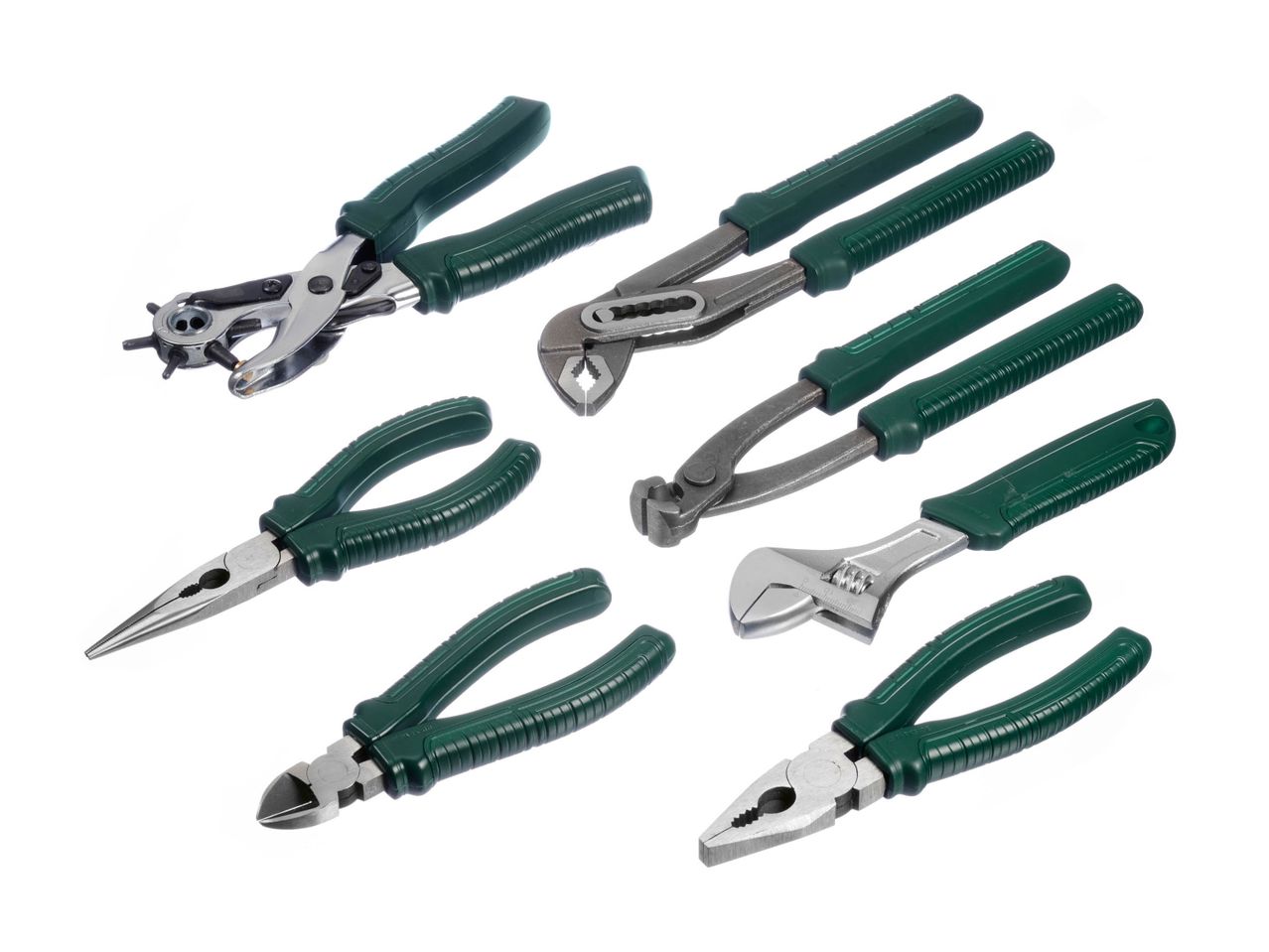 A collection of hand tools with green handles, including pliers, wrenches, and a punch.